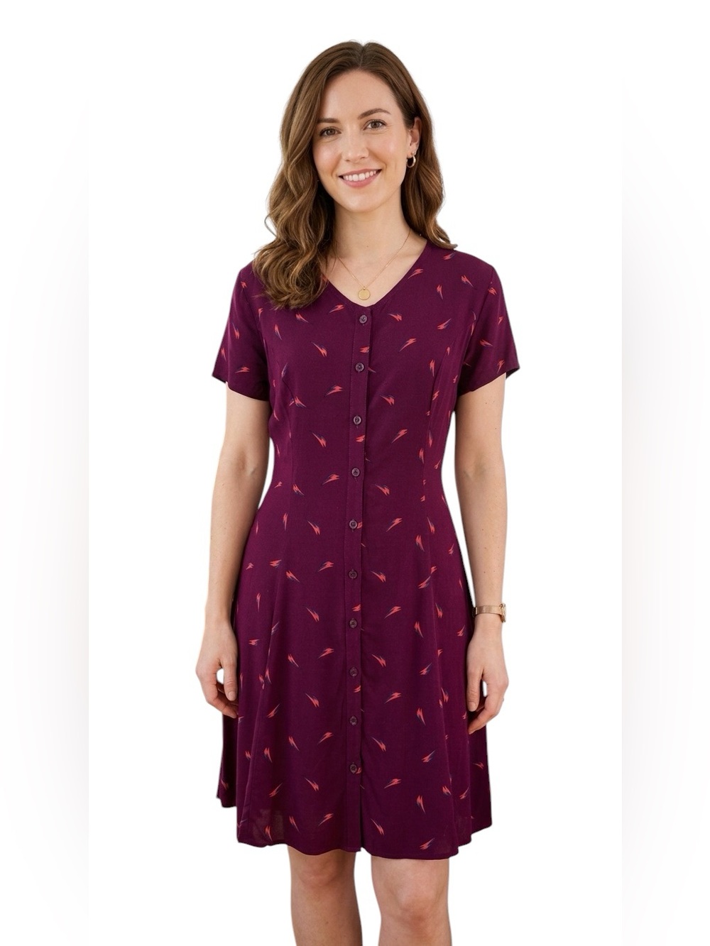 By Junk food V-Neck Button Front Plum Short Sleeve Dress medium